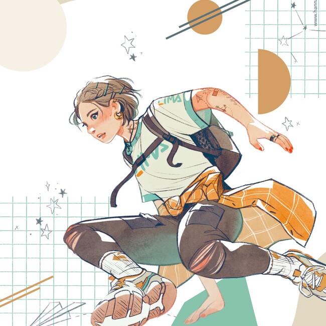 Comiczeichnung eines jugendlichen Mädchens mit Rucksack, dass über ein imaginäres Hindernis hüpft