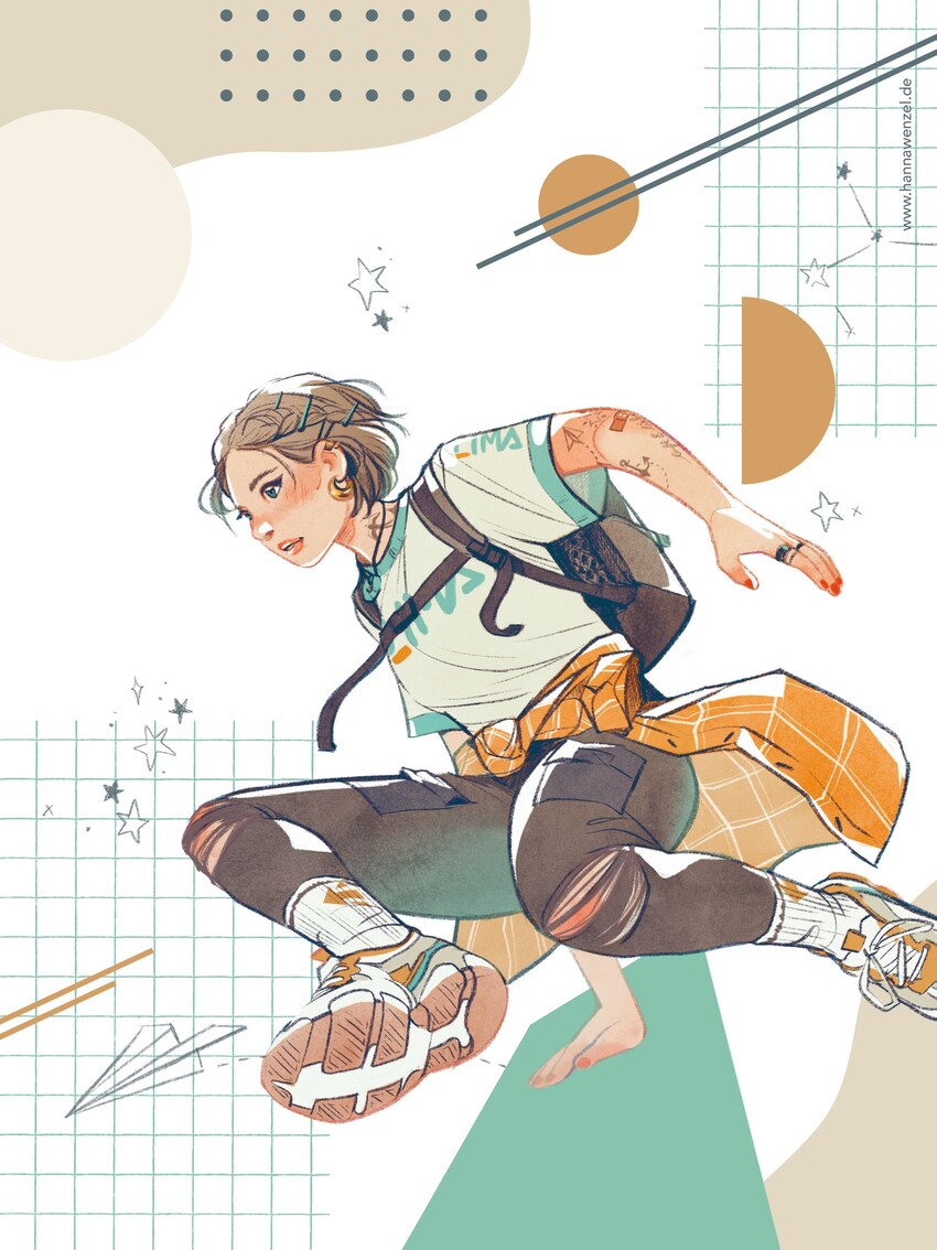 Comiczeichnung eines jugendlichen Mädchens mit Rucksack, dass über ein imaginäres Hindernis hüpft