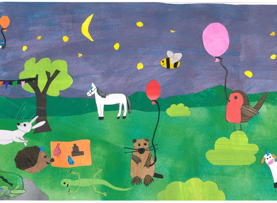 Bild mit Tieren auf Wiese gemalt von Kindern