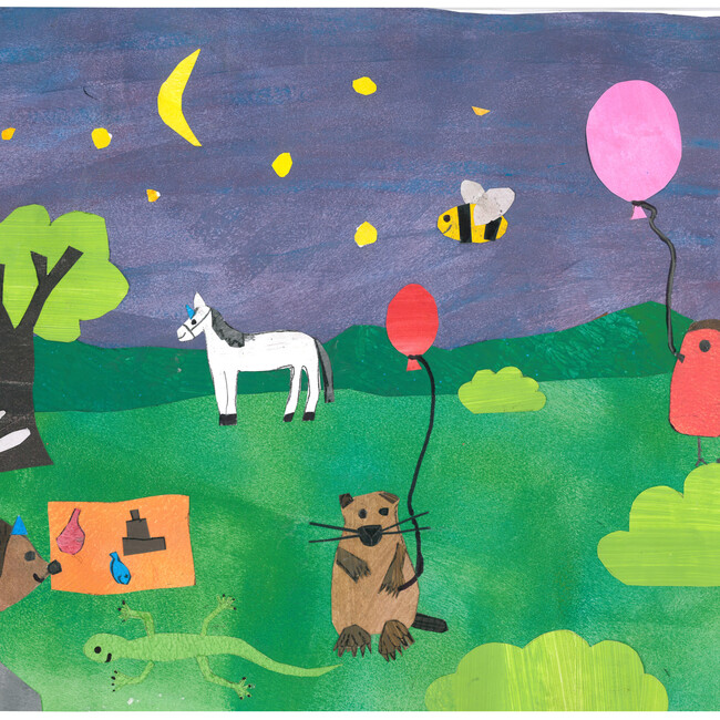 Bild mit Tieren auf Wiese gemalt von Kindern