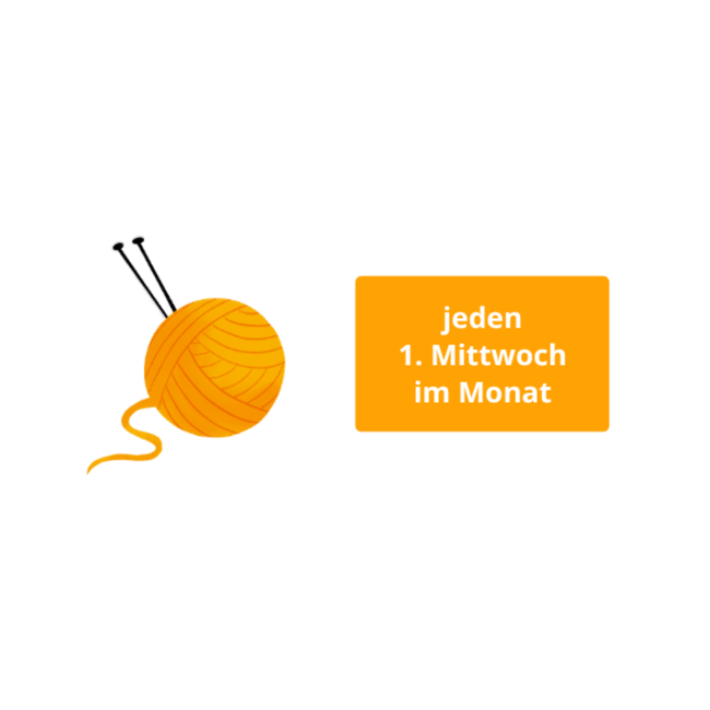 Grafik Wolle mit Stricknadeln und Termin Strick-Treff