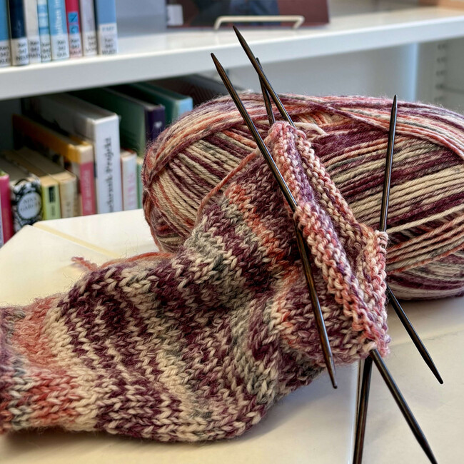 Strickprojekt mit Wollknäul vor Büchereiregal