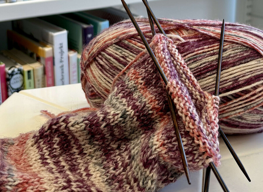Strickprojekt mit Wollknäul vor Büchereiregal