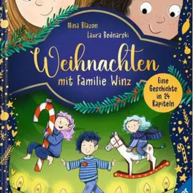 Cover eines Buches mit dem Titel "Weihnachten mit Familie Winz" mit Kindern und weihnachtlichen Elementen